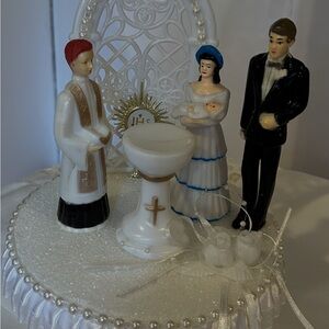 Classic baby boy baptism Topper white with god parents and Priest